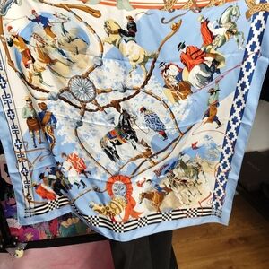 Hermes Equestrian Print Silk Scarf in Sky Blue and Multi